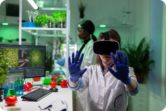 Scientist wearing VR goggles in biotechnology greenhouse